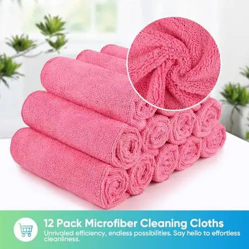 HOMEXCEL Microfiber Cleaning Cloth 12 Pack, Pink Premium Microfiber Towels for Cars, Lint Free, Scratch-Free, Highly Absorbent, Reusable Cleaning Rags for Car, Household, Kitchen, 11.5