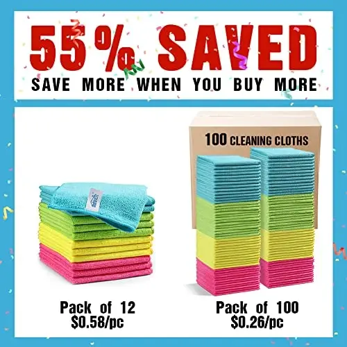 HOMEXCEL Microfiber Tozalash Mato, 100 Pack Tozalash Latta, 4 Xil Rangli Tozalash Sochiqlari, 11.5
