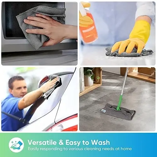 HOMEXCEL Mikrofiber Tozalash Matolari, Oshxona uchun 24 ta Tozalash Sochiqlari, Tuksiz, Chizishsiz, Yuqori Changni Yutish va Qayta Foydalanish mumkin bo'lgan Uy, Deraza va Shisha, Avtomobillar uchun Tozalash Latta, 11,5 X11,5 dyuym, Kulrang. - 4