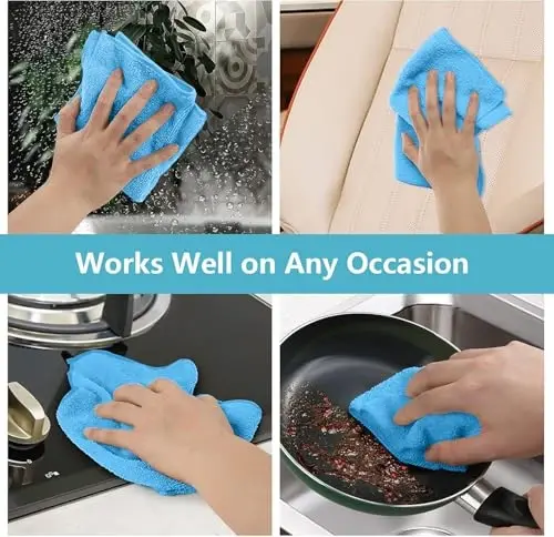 HOMEXCEL Moviy Mikrofiber Tozalash Mato, Oshxona uchun 100 Paketli Tozalash Sochiglari, tuklarsiz, chizishsiz, yuqori darajada singdiruvchi va uy, deraza va stakan, mashinalar uchun qayta ishlatiladigan tozalash latta, 11,5 X11,5 dyuym - 5