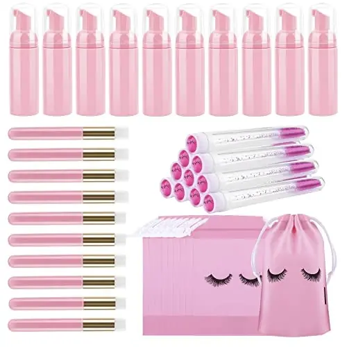 homicozy 40 Pcs Lash Shampoo Bottle Brushes Set, 10 Pcs Lash Shampoo Brushes, 10 Pcs Lash Brushes Tubes, 10 Pcs Eyelash Shampoo Dispensers, 10 Pcs Lash Aftercare Bag for Clients, Women,Girls (Pink) - Modazone