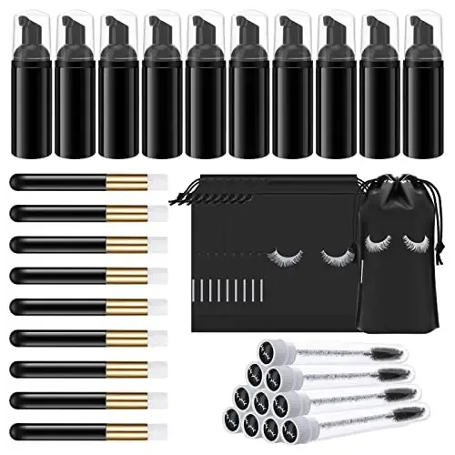Homicozy 40 Pcs Lash Shampoo Bottle Brushes Set, 10 Pcs Lash Shampoo Brushes, 10 Pcs Lash Brushes Tubes, 10 Pcs Eyelash Shampoo Dispensers, 10 Pcs Lash Aftercare Bag for Clients, Women, Girls (Black) 