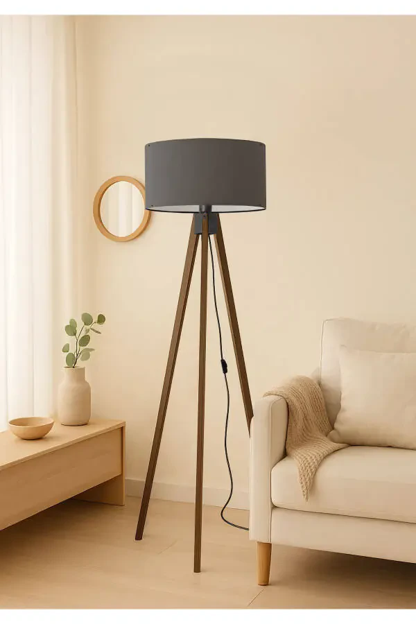 Homing Anthracite Fabric Cylinder Head Wooden Tripod Floor Lamp - 1
