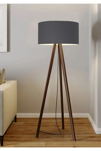 Homing Anthracite Fabric Cylinder Head Wooden Tripod Floor Lamp - HOMİNG (1)