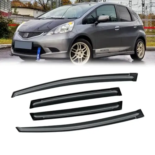 Honda Fit 2009-2014 uchun CMVT avtomatik deraza qopqog'i, tashqi kanalli yomg'ir himoya qalqoni shamollatish deflektori soya shamoli quyuq tutun 2010 2011 2012 2013, yopishtiriladigan tashqi o'rnatish, 4 dona 