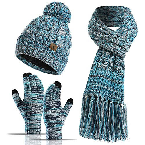 Honesserry Winter Warm Beanie Hat Scarf and Touchscreen Gloves Set for Womens Skull Caps Neck Scarves with Fleece Lined - 1