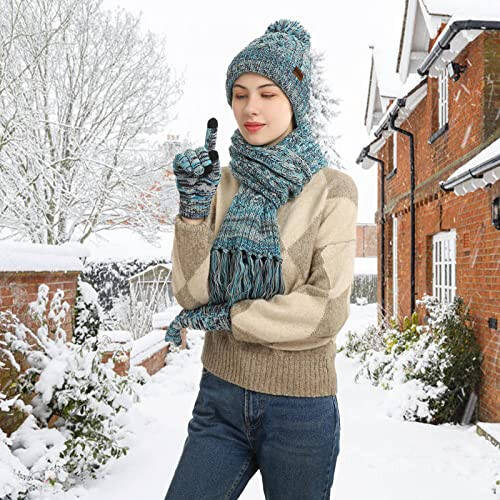 Honesserry Winter Warm Beanie Hat Scarf and Touchscreen Gloves Set for Womens Skull Caps Neck Scarves with Fleece Lined - 6