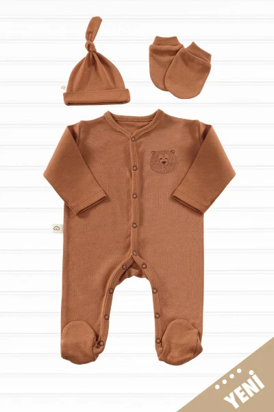 Honey Bear Unisex 3 Parça Hastane Çıkışı Takımı Organik Pamuk Yenidoğan Set-Kiremit - TINYLAMB