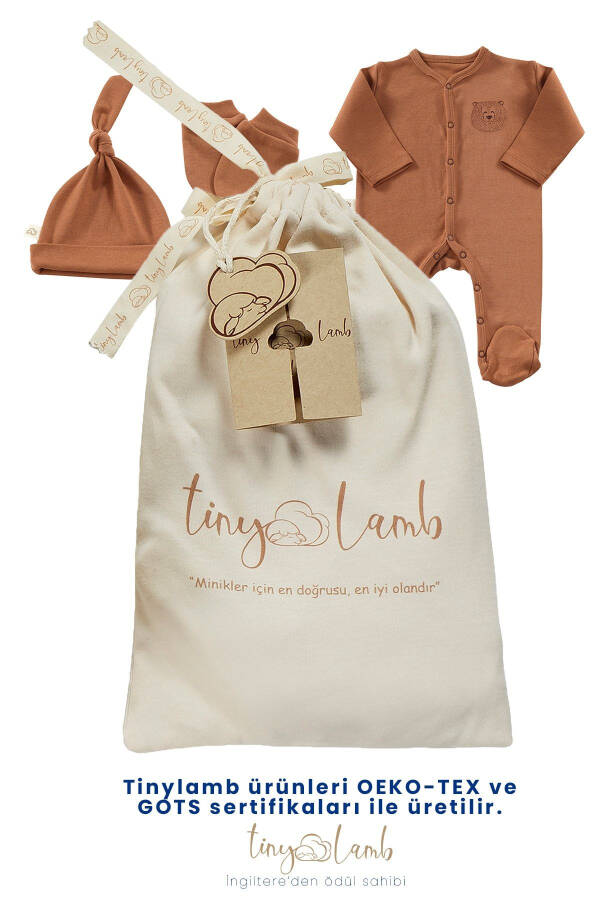 Honey Bear Unisex 3 Parça Hastane Çıkışı Takımı Organik Pamuk Yenidoğan Set-Kiremit - 8