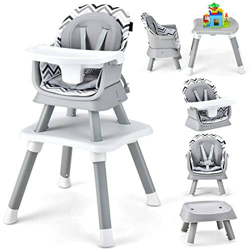 HONEY JOY 8 in 1 Baby High Chair, Convertible Highchair for Babies and Toddlers/Table and Chair Set/Building Block Table/Booster Seat/Stool/Toddler Chair with Safety Harness (Wave Gray) - 22