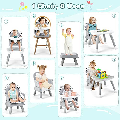 HONEY JOY 8 in 1 Baby High Chair, Convertible Highchair for Babies and Toddlers/Table and Chair Set/Building Block Table/Booster Seat/Stool/Toddler Chair with Safety Harness (Wave Gray) - 16