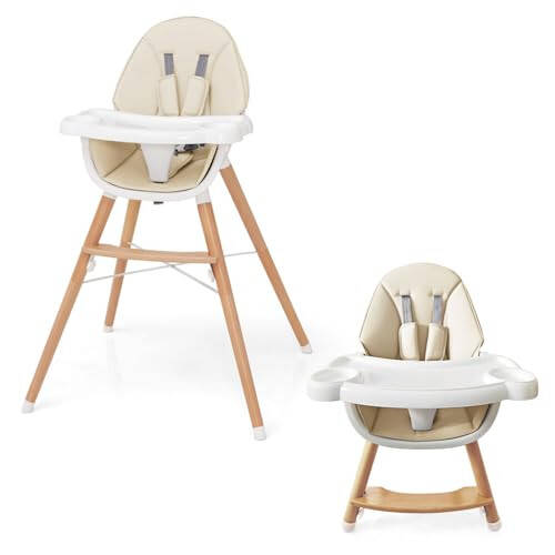 HONEY JOY Baby High Chair, Eat & Grow Beech Wooden Highchair for Babies and Toddlers, Removable Double-Layer Food Tray, 5-Point Harness, PU Cushion and Footrest for Infants Boys Girls (Beige) - 32