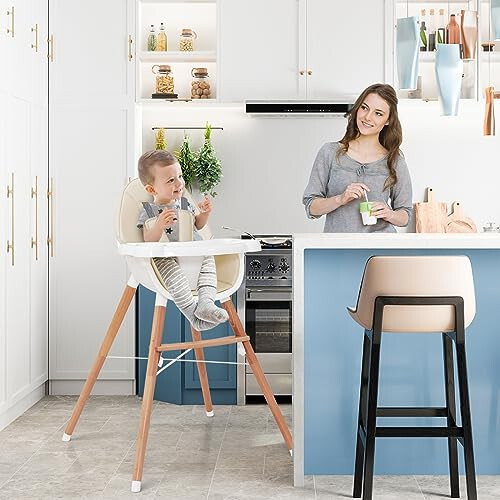 HONEY JOY Baby High Chair, Eat & Grow Beech Wooden Highchair for Babies and Toddlers, Removable Double-Layer Food Tray, 5-Point Harness, PU Cushion and Footrest for Infants Boys Girls (Beige) - 33