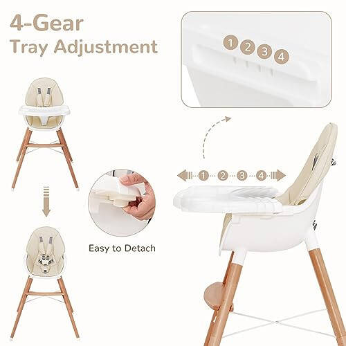 HONEY JOY Baby High Chair, Eat & Grow Beech Wooden Highchair for Babies and Toddlers, Removable Double-Layer Food Tray, 5-Point Harness, PU Cushion and Footrest for Infants Boys Girls (Beige) - 35