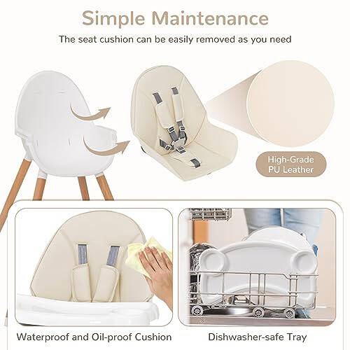 HONEY JOY Baby High Chair, Eat & Grow Beech Wooden Highchair for Babies and Toddlers, Removable Double-Layer Food Tray, 5-Point Harness, PU Cushion and Footrest for Infants Boys Girls (Beige) - 36