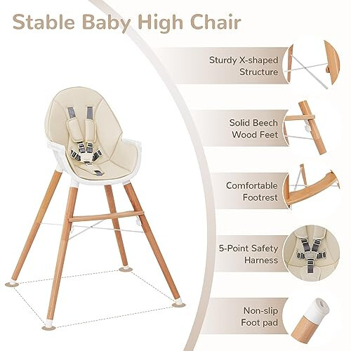 HONEY JOY Baby High Chair, Eat & Grow Beech Wooden Highchair for Babies and Toddlers, Removable Double-Layer Food Tray, 5-Point Harness, PU Cushion and Footrest for Infants Boys Girls (Beige) - 37