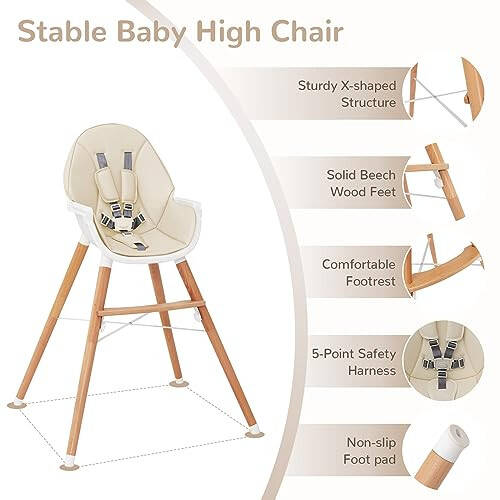 HONEY JOY Baby High Chair, Eat & Grow Beech Wooden Highchair for Babies and Toddlers, Removable Double-Layer Food Tray, 5-Point Harness, PU Cushion and Footrest for Infants Boys Girls (Beige) - 31