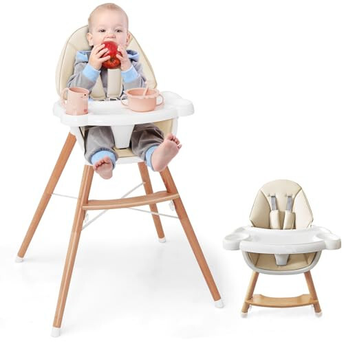 HONEY JOY Baby High Chair, Eat & Grow Beech Wooden Highchair for Babies and Toddlers, Removable Double-Layer Food Tray, 5-Point Harness, PU Cushion and Footrest for Infants Boys Girls (Beige) - 6