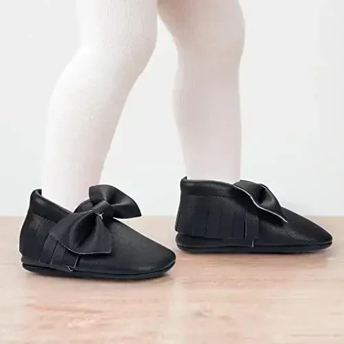 HONGTEYA Baby Moccasins with Rubber Sole&Soft Sole - Flower Print PU Leather Tassel Bow Girls Ballet Dress Shoes for Toddler - MODAZONE (1)