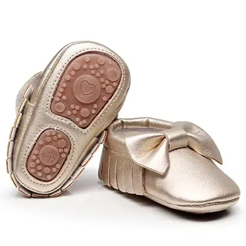 HONGTEYA Baby Moccasins with Rubber Sole&Soft Sole - Flower Print PU Leather Tassel Bow Girls Ballet Dress Shoes for Toddler - 6