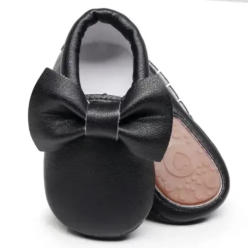 HONGTEYA Baby Moccasins with Rubber Sole&Soft Sole - Flower Print PU Leather Tassel Bow Girls Ballet Dress Shoes for Toddler - 1