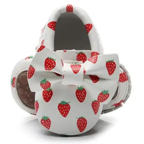 HONGTEYA Baby Moccasins with Rubber Sole&Soft Sole - Flower Print PU Leather Tassel Bow Girls Ballet Dress Shoes for Toddler - 1