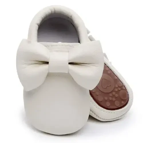 HONGTEYA Baby Moccasins with Rubber Sole&Soft Sole - Flower Print PU Leather Tassel Bow Girls Ballet Dress Shoes for Toddler - HONGTEYA