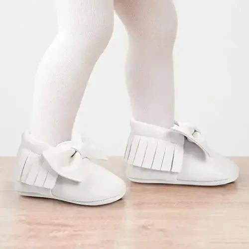 HONGTEYA Baby Moccasins with Rubber Sole&Soft Sole - Flower Print PU Leather Tassel Bow Girls Ballet Dress Shoes for Toddler - 2
