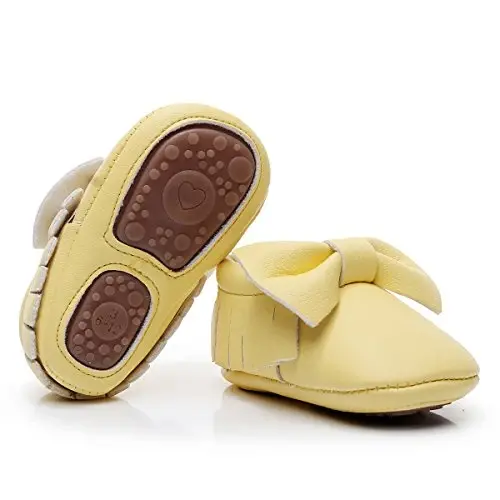 HONGTEYA Baby Moccasins with Rubber Sole&Soft Sole - Flower Print PU Leather Tassel Bow Girls Ballet Dress Shoes for Toddler - 5