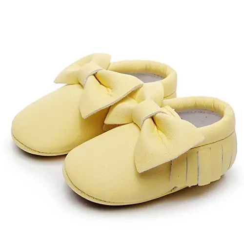 HONGTEYA Baby Moccasins with Rubber Sole&Soft Sole - Flower Print PU Leather Tassel Bow Girls Ballet Dress Shoes for Toddler - 6