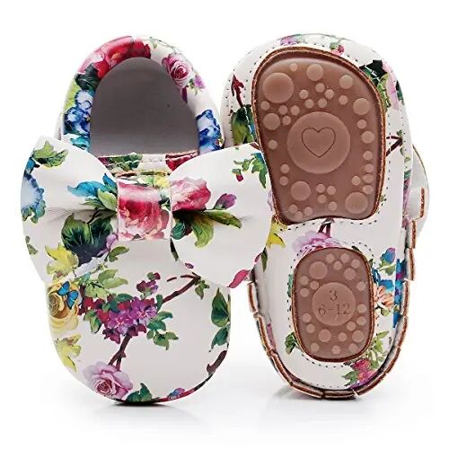 HONGTEYA Baby Moccasins with Rubber Sole&Soft Sole - Flower Print PU Leather Tassel Bow Girls Ballet Dress Shoes for Toddler - HONGTEYA