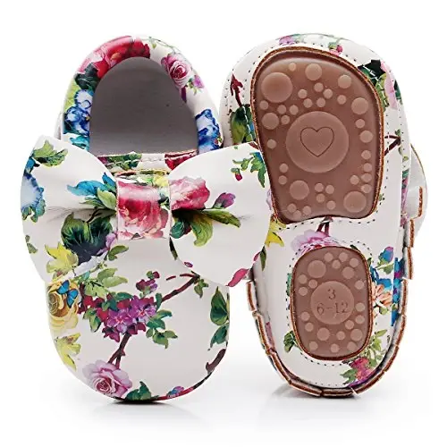 HONGTEYA Baby Moccasins with Rubber Sole&Soft Sole - Flower Print PU Leather Tassel Bow Girls Ballet Dress Shoes for Toddler - 1