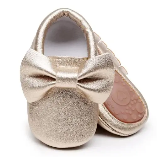 HONGTEYA Baby Moccasins with Rubber Sole&Soft Sole - Flower Print PU Leather Tassel Bow Girls Ballet Dress Shoes for Toddler - 1
