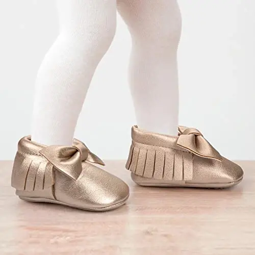HONGTEYA Baby Moccasins with Rubber Sole&Soft Sole - Flower Print PU Leather Tassel Bow Girls Ballet Dress Shoes for Toddler - HONGTEYA (1)