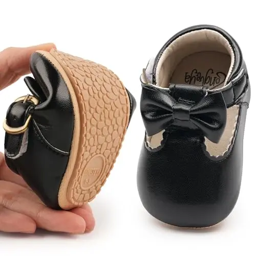 HONGTEYA Infant Baby Girls Mary Jane Flats Non Slip for Toddler First Walkers Soft Sole PU Leather Crib Shoes Sneaker Wedding Party Christmas Princess Dress Shoes Baby Moccasins Girls - HONGTEYA (1)