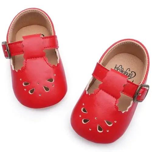 HONGTEYA Infant Baby Girls Mary Jane Flats Non Slip for Toddler First Walkers Soft Sole PU Leather Crib Shoes Sneaker Wedding Party Christmas Princess Dress Shoes Baby Moccasins Girls - HONGTEYA