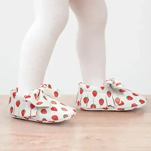 HONGTEYA Baby Moccasins with Rubber Sole&Soft Sole - Flower Print PU Leather Tassel Bow Girls Ballet Dress Shoes for Toddler - HONGTEYA (1)