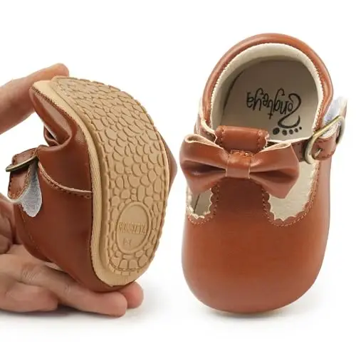 HONGTEYA Chaqaloq Qizlar Mary Jane Flats Sirpanmaydigan Trikotaj Birinchi Yuruvchilar Yumshoq Taglik PU Teri Beshik Poyabzali To'y Kechasi Rojdestvo Malika Libos Poyabzali Chaqaloq Moccasins Qizlar - HONGTEYA (1)