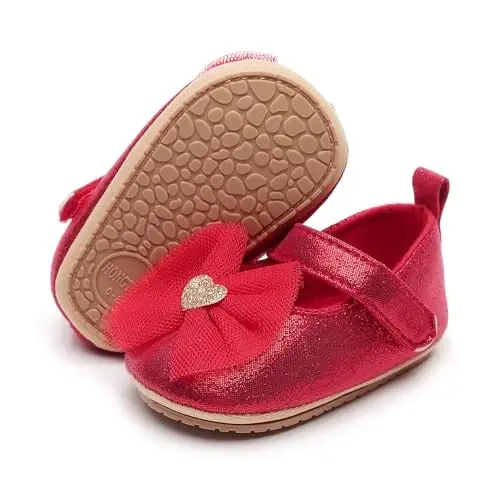HONGTEYA Chaqaloq Qizlar uchun Meri Jeyn Flats Non Slip Yurishni O'rganayotganlar uchun Yumshoq Taglik PU Teri Beşik Poyabzali To'y Kechasi Rojdestvo malika libosi poyabzali chaqaloq mokasinlari qizlar - HONGTEYA