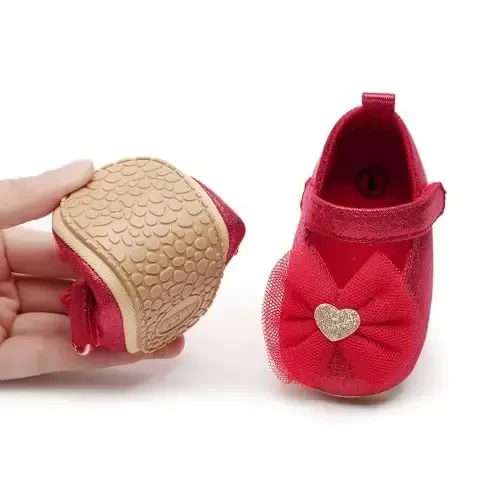 HONGTEYA go'dak qizaloqlar Mary Jane Flats Toy uchun sirpanmaydigan, chaqaloqlar uchun birinchi qadamlar Yumshoq taglik PU teri beshik poyafzallari Sneaker Rojdestvo malika ko'ylak poyafzallari go'dak mokasinlari qizlar - 3