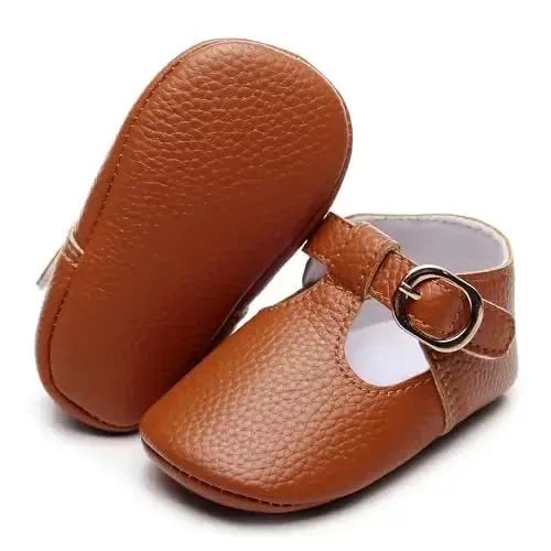 HONGTEYA Infant Baby Girl Mary Janes Flats PU Leather Non-Slip Soft Sole for Toddler First Walker Newborn Infant Crib Shoes Wedding Party Princess Baby Moccasins Girl Dress Shoes - HONGTEYA (1)
