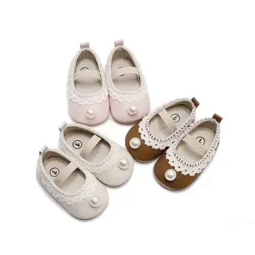 HONGTEYA Infant Baby Girls Mary Jane Flats Non Slip for Toddler First Walkers Soft Sole PU Leather Crib Shoes Sneaker Wedding Party Christmas Princess Dress Shoes Baby Moccasins Girls - 3