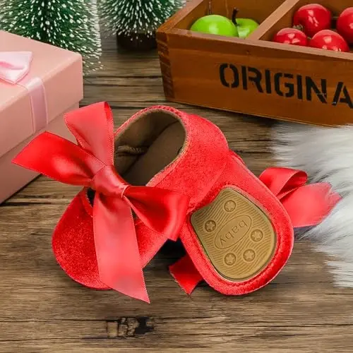 HONGTEYA Infant Baby Girls Mary Jane Flats Yurishni endi boshlagan bolalar uchun sirpanmaydigan, yumshoq taglikli PU teri krovat poyabzallari Krossovkalar To'y bazmi Rojdestvo malika ko'ylak poyabzallari Baby Moccasins Girls - 4