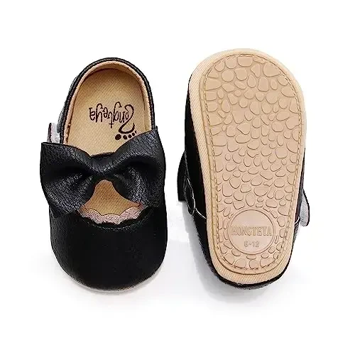 HONGTEYA Infant Baby Girls Mary Jane Flats Yurishni endi boshlagan chaqaloqlar uchun sirpanmaydigan, yumshoq taglikli PU charm beshik poyabzallari Sneaker To'y ziyofati Rojdestvo malika ko'ylak poyabzallari Chaqaloq mokasinlari qizlar - 3