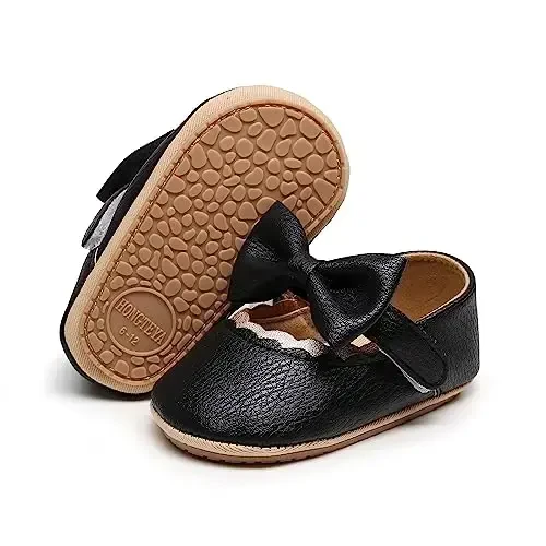 HONGTEYA Infant Baby Girls Mary Jane Flats Yurishni endi boshlagan chaqaloqlar uchun sirpanmaydigan, yumshoq taglikli PU charm beshik poyabzallari Sneaker To'y ziyofati Rojdestvo malika ko'ylak poyabzallari Chaqaloq mokasinlari qizlar - 4