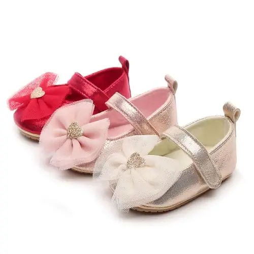 HONGTEYA Infant Baby Girls Mary Jane Flats Yurishni endi boshlagan qizaloqlar uchun sirpanmaydigan, yumshoq taglikli PU charm beshik poyabzali Sneaker to'y ziyofati Rojdestvo malika ko'ylak poyabzali chaqaloq mokasinlari qizlar - 3