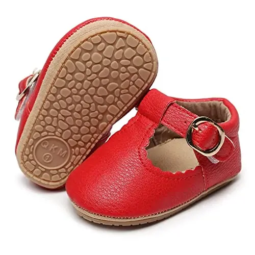 HONGTEYA Infant Baby Girls Mary Jane Flats Yurishni endi boshlagan qizaloqlar uchun sirpanmaydigan, yumshoq taglikli PU charm beshik poyabzallari Krossovkalar To'y ziyofati Rojdestvo malika ko'ylak poyabzallari Chaqaloq mokasinlari qizlar uchun 