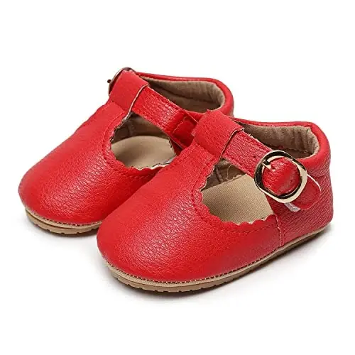 HONGTEYA Infant Baby Girls Mary Jane Flats Yurishni endi boshlagan qizaloqlar uchun sirpanmaydigan, yumshoq taglikli PU charm beshik poyabzallari Krossovkalar To'y ziyofati Rojdestvo malika ko'ylak poyabzallari Chaqaloq mokasinlari qizlar uchun - HONGTEYA (1)