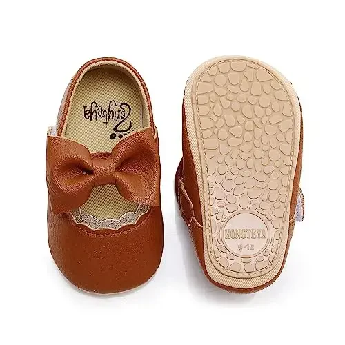 HONGTEYA Infant Baby Girls Mary Jane Flats Yurishni endi boshlagan qizaloqlar uchun sirpanmaydigan, yumshoq taglikli PU charm krovat poyabzallari Krossovkalar To'y, Rojdestvo malika ko'ylak poyabzallari Baby Moccasins Girls - 3