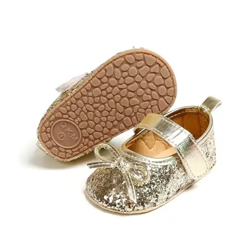 HONGTEYA Infant Baby Girls Mary Jane Flats Yurishni endi boshlagan qizaloqlar uchun sirpanmaydigan, yumshoq taglikli PU charm poyabzal, krovat poyabzali, krossovkasi, to'y, Rojdestvo malika ko'ylagi poyabzali, chaqaloq mokasinlari - 4